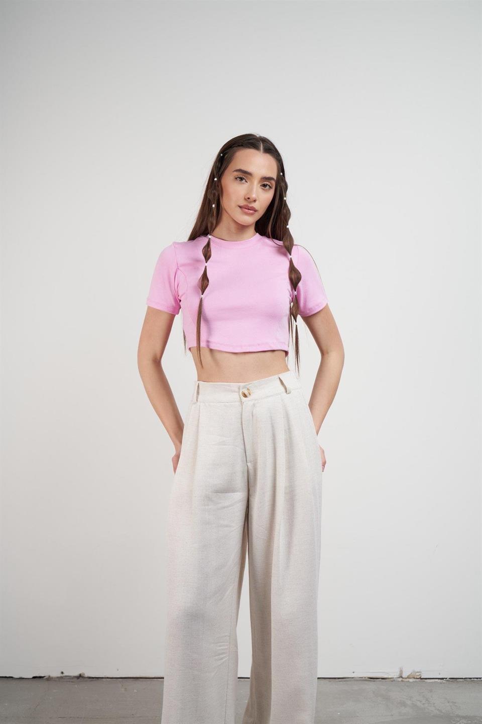 Basic Kısa Kol Crop Bluz Toz Pembe