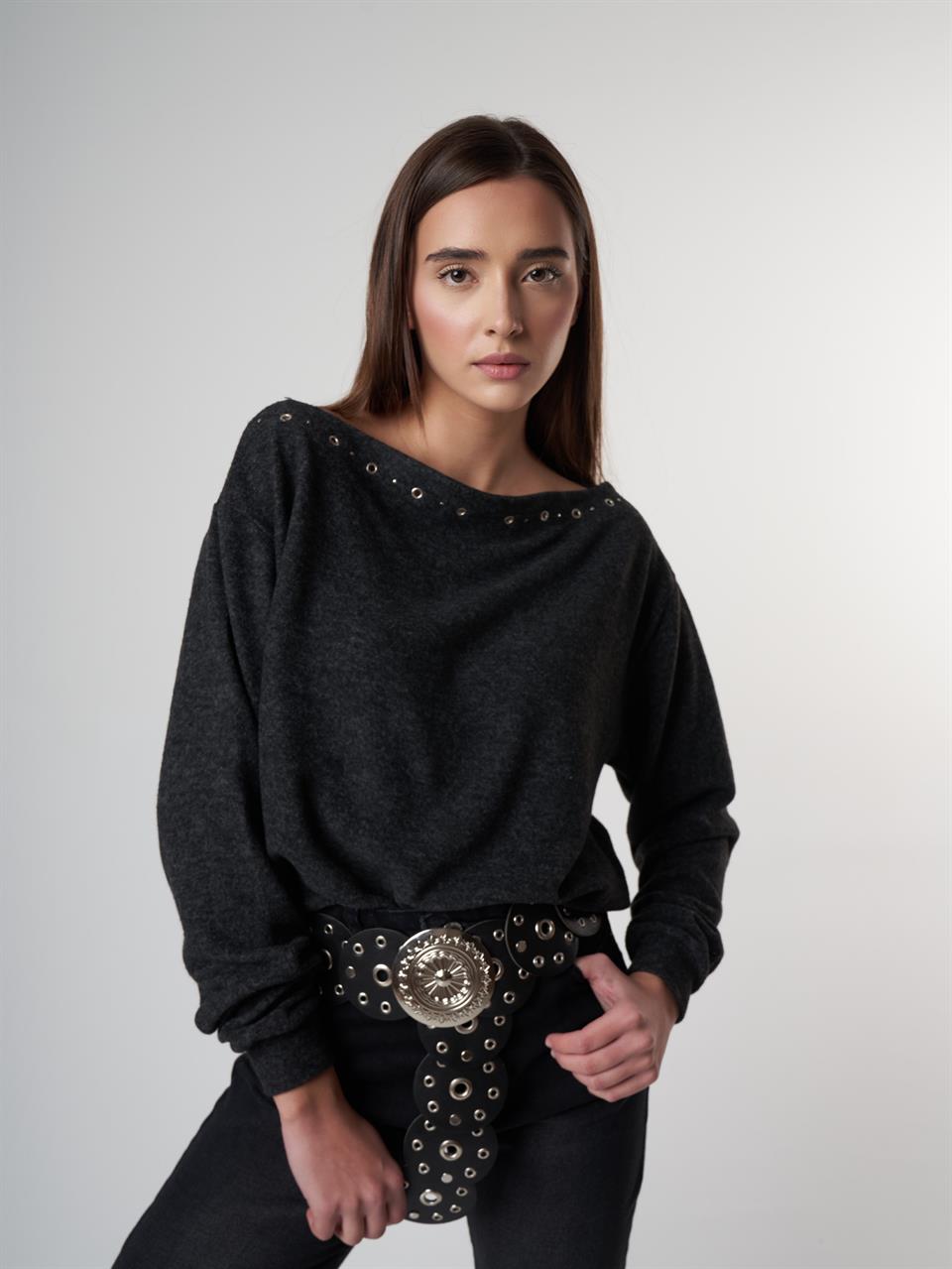 Aksesuar Detaylı Uzun Kol Kısa Bluz Antrasit Melanj