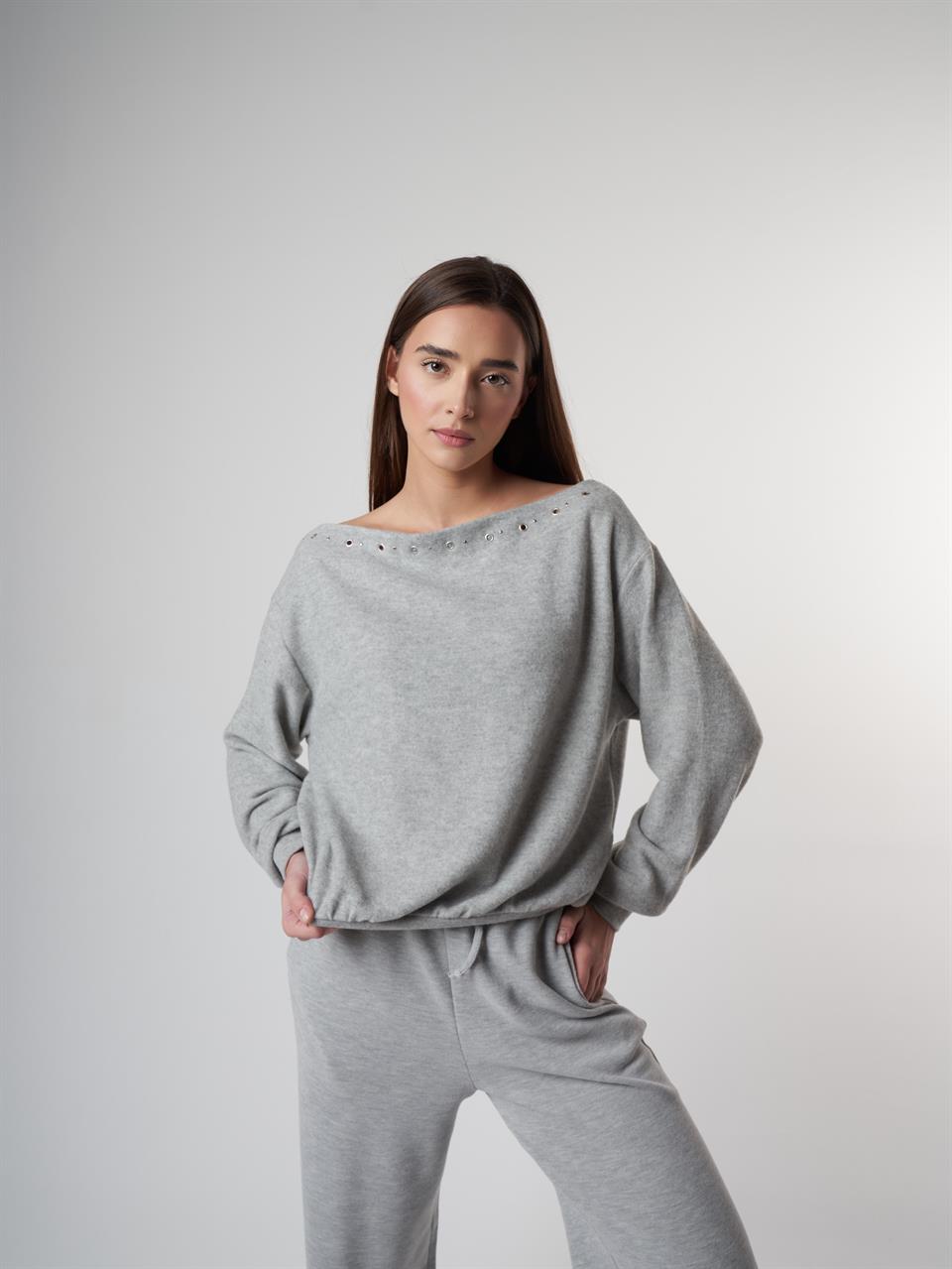 Aksesuar Detaylı Uzun Kol Kısa Bluz Gri Melanj