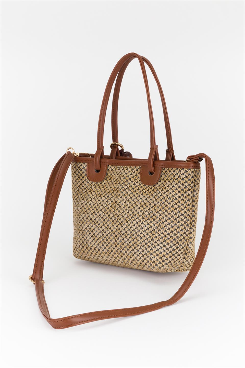 Anahtarlıklı Hasır Basic Çanta Taba