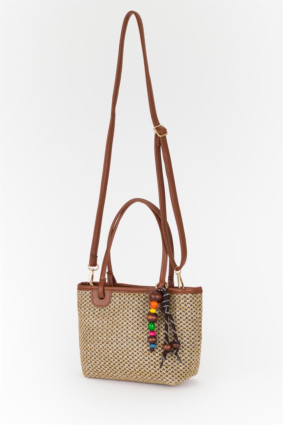 Anahtarlıklı Hasır Basic Çanta Taba