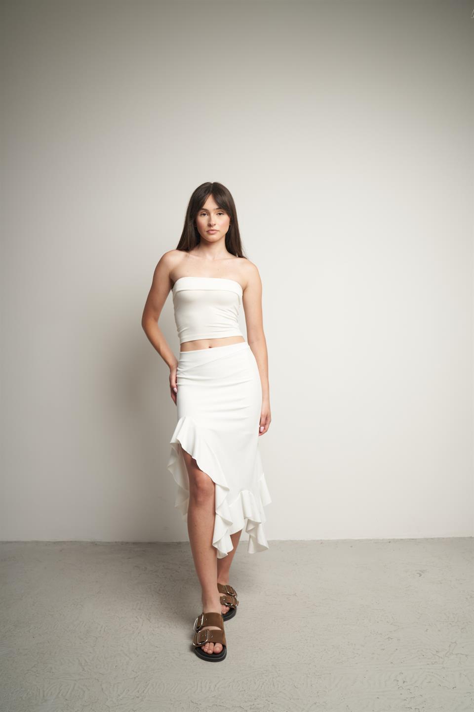 Asimetrik Kesim Fırfır Detaylı Uzun Etek Ekru