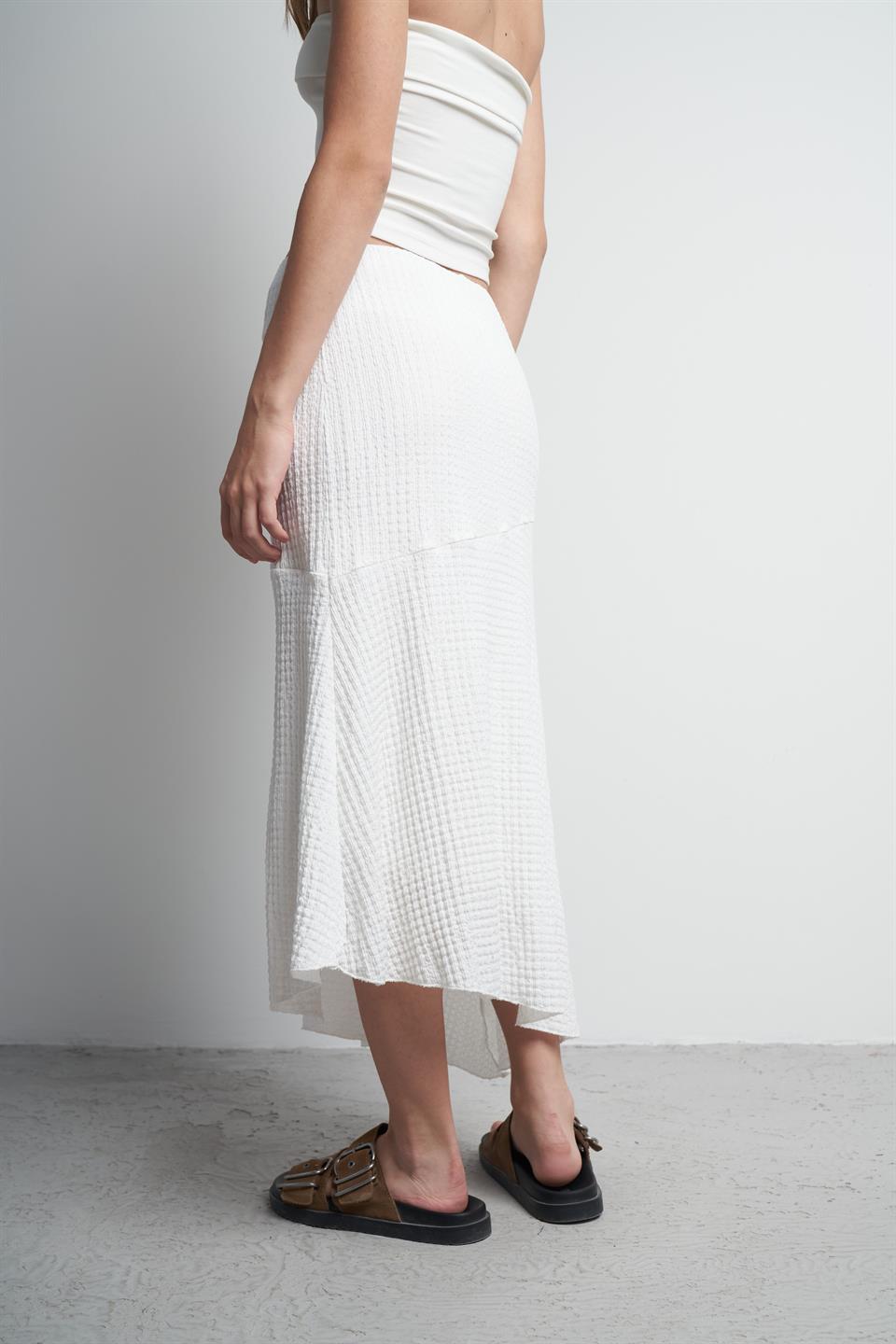 Asimetrik Kesim Rasel Uzun Etek Ekru