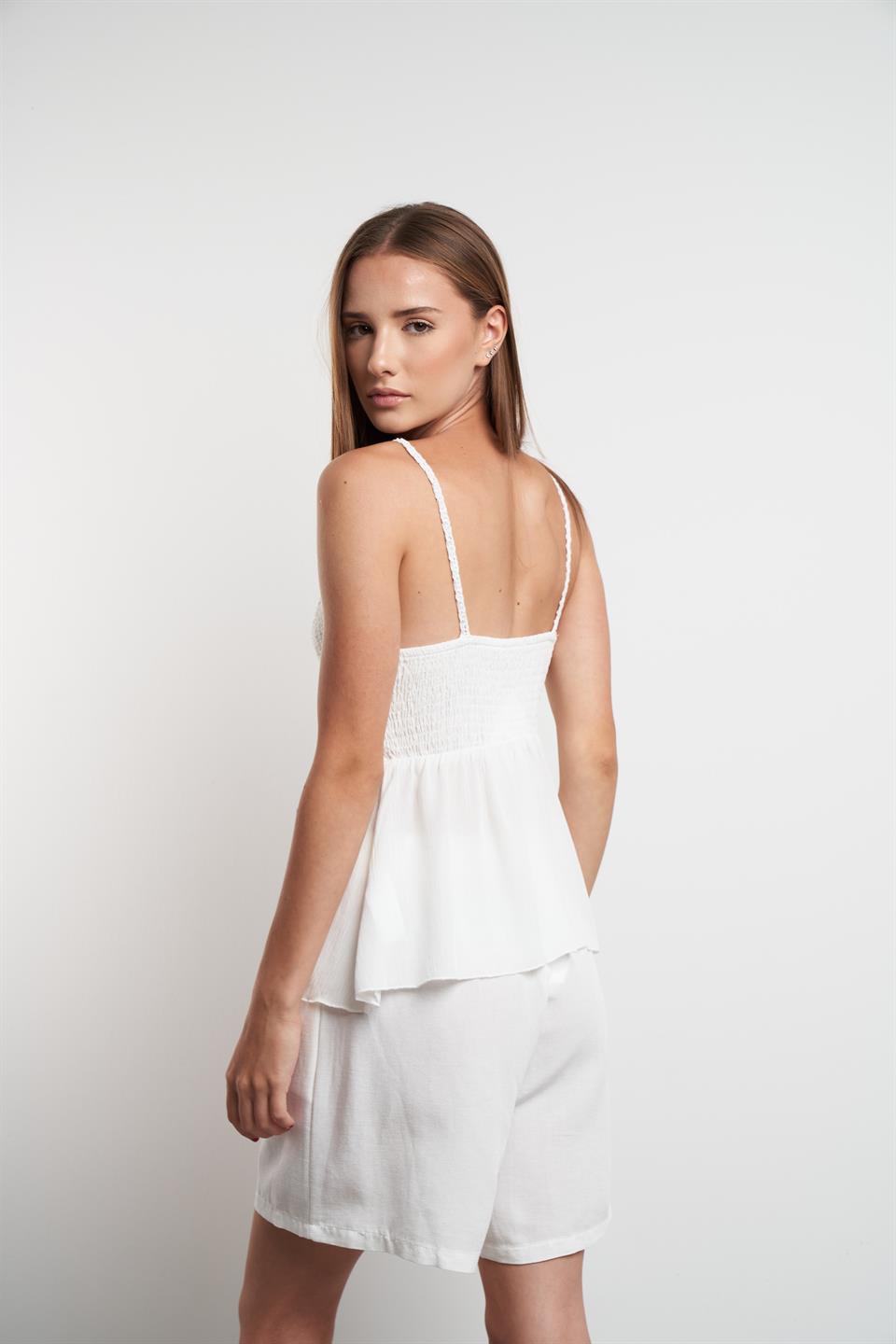 Askılı Düğme Detaylı Krınkıl Bluz Ekru