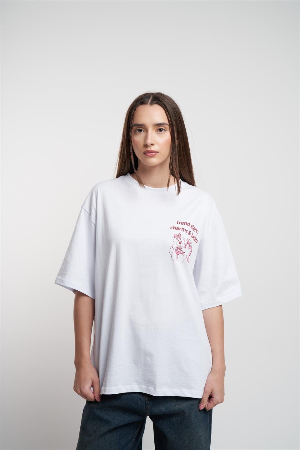 Ayıcık Baskılı Oversize Kısa Kol T-shirt Beyaz