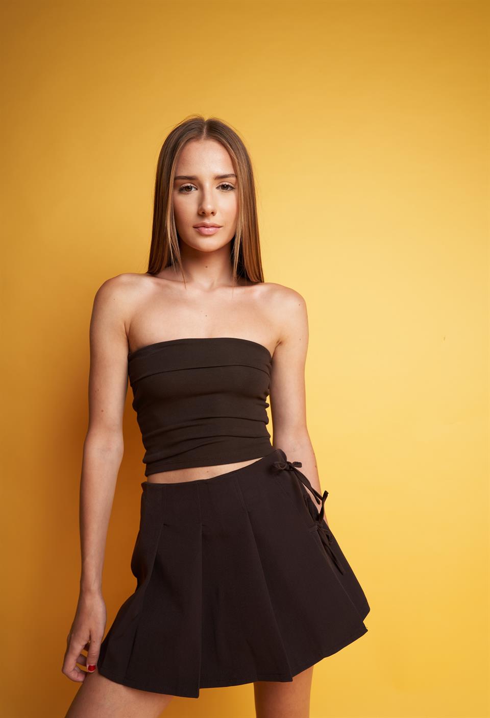 Bağcık Detaylı Şort Etek Acı Kahve