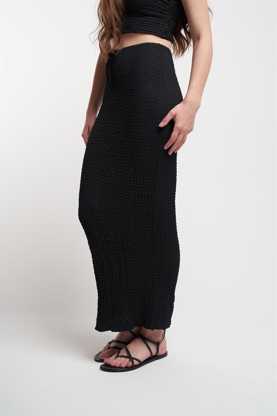 Bağlama Detaylı Gofre Uzun Etek Siyah