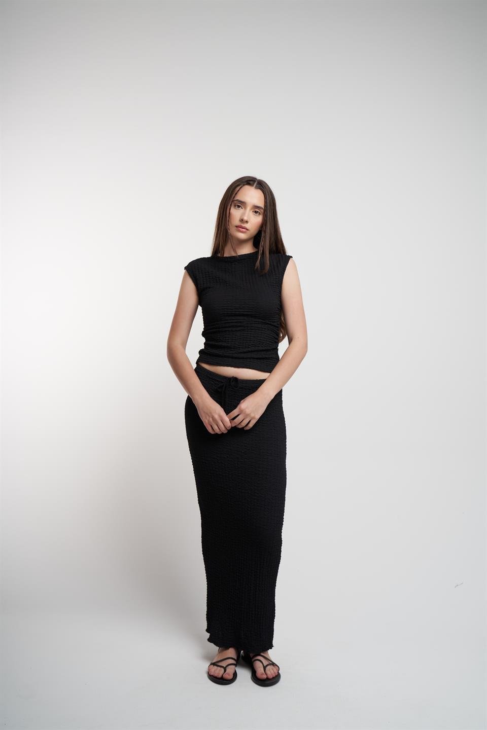 Bağlama Detaylı Gofre Uzun Etek Siyah