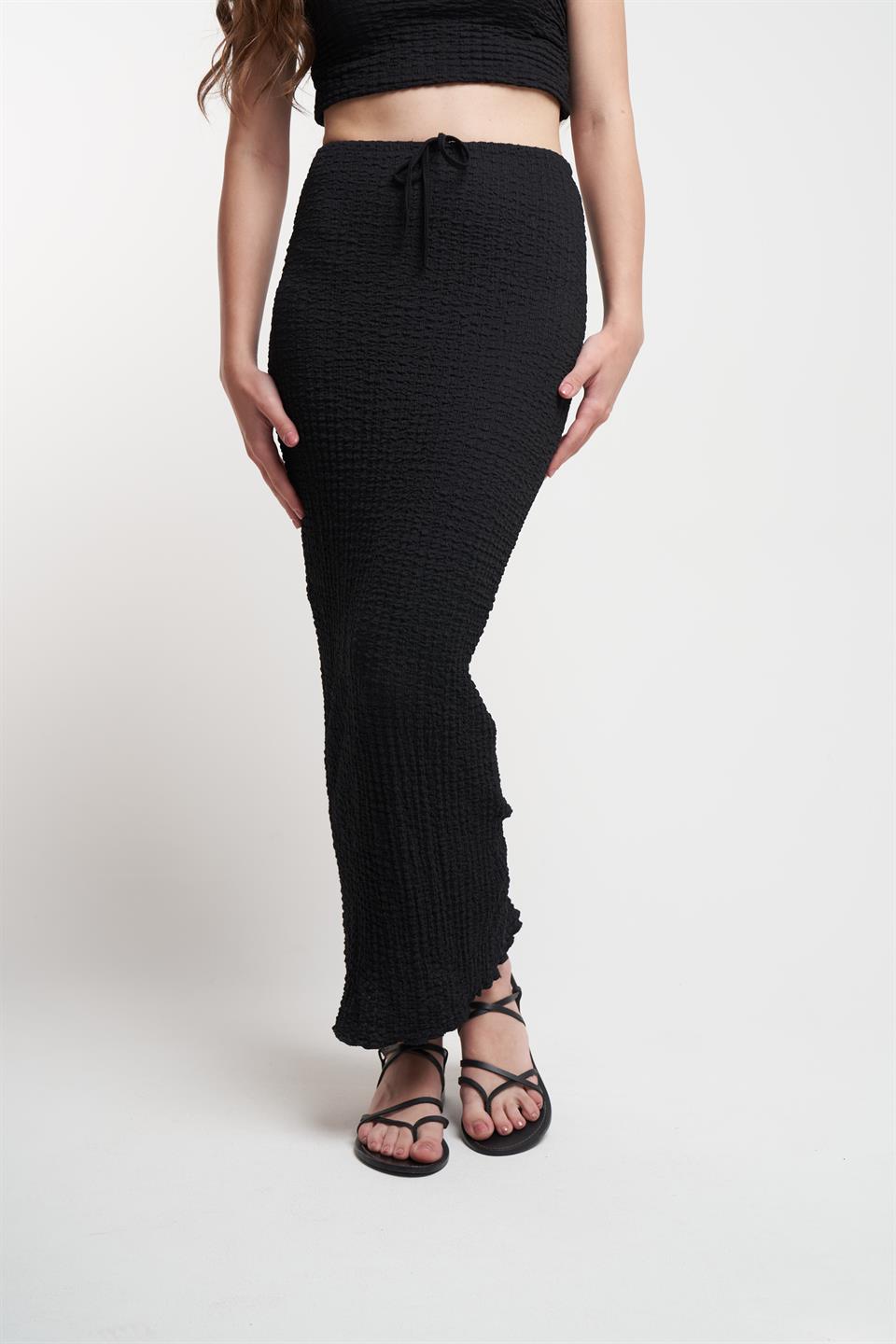 Bağlama Detaylı Gofre Uzun Etek Siyah