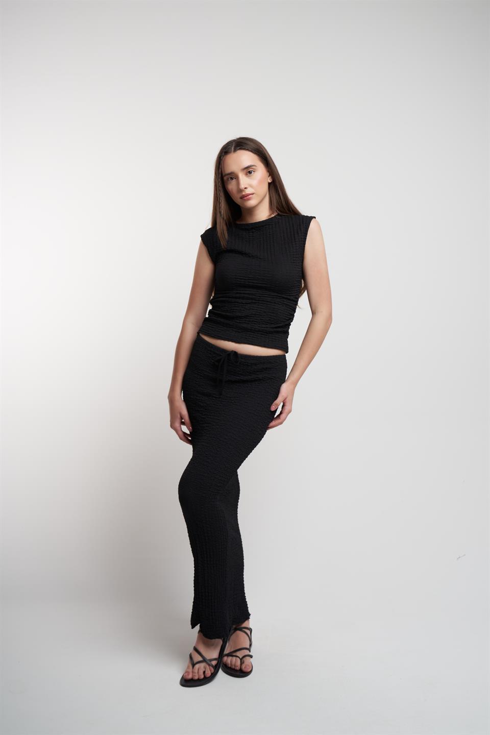 Bağlama Detaylı Gofre Uzun Etek Siyah