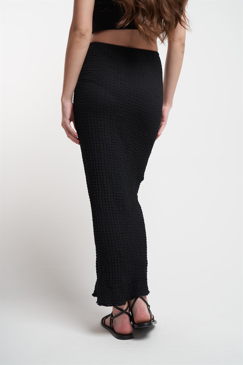Bağlama Detaylı Gofre Uzun Etek Siyah