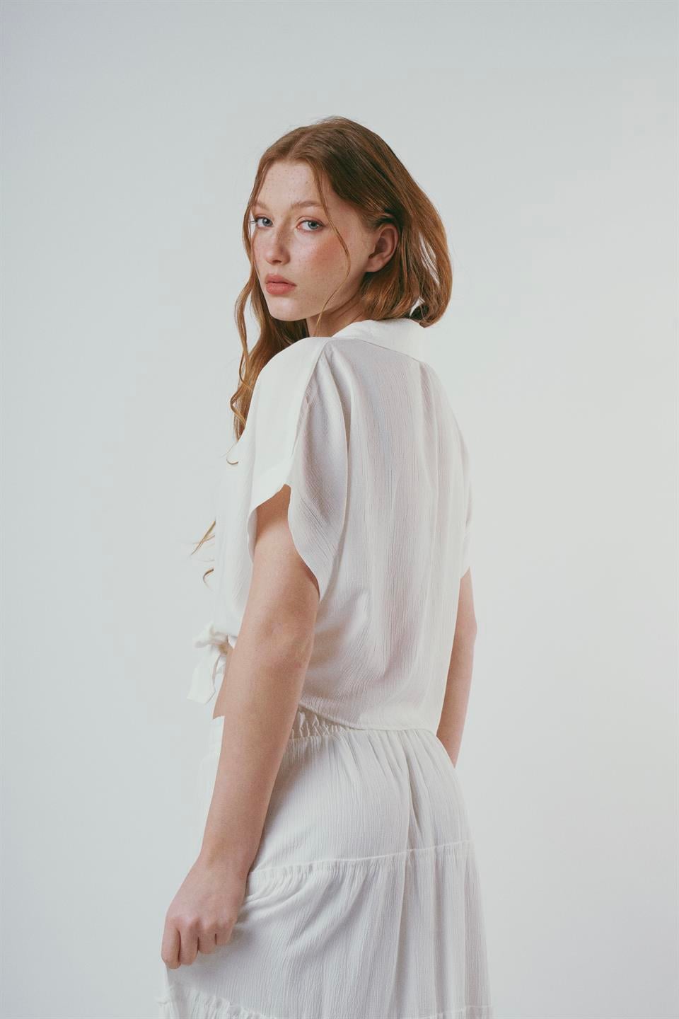 Bağlama Detaylı Krinkıl Gömlek Ekru