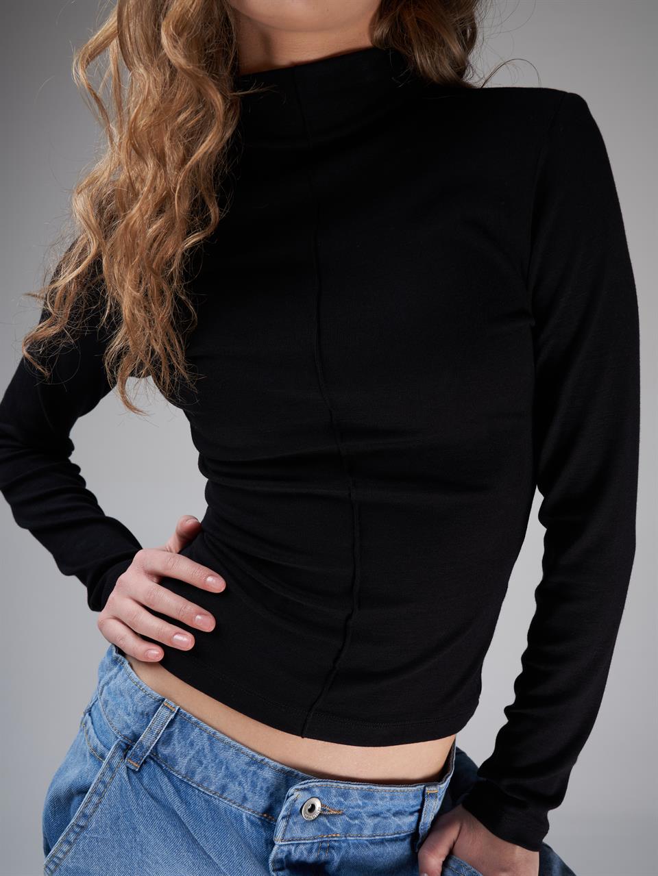 Balıkçı Yaka Çimalı Uzun Kol Ribana Bluz Siyah