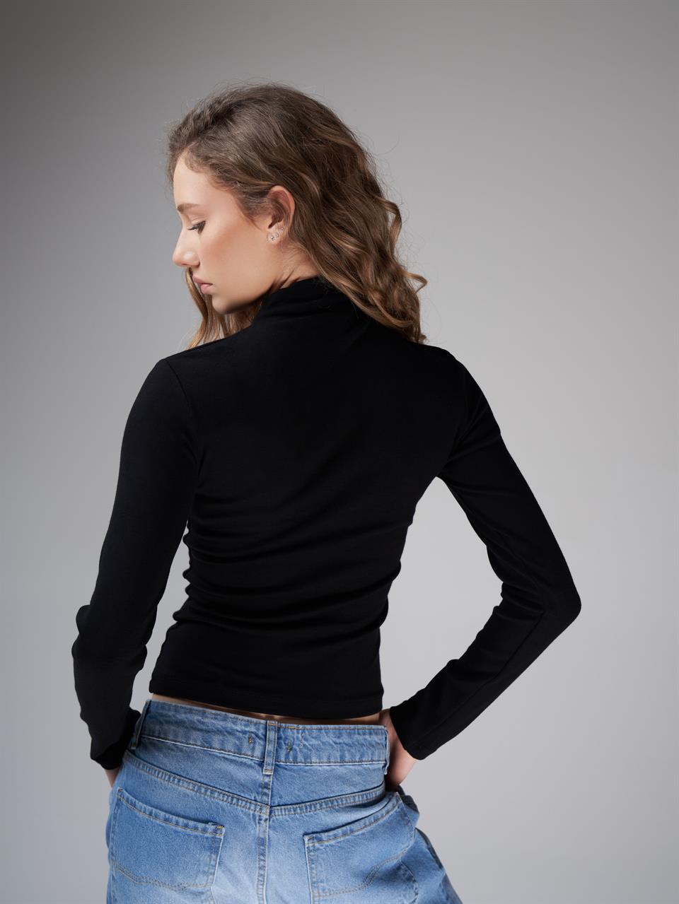 Balıkçı Yaka Çimalı Uzun Kol Ribana Bluz Siyah