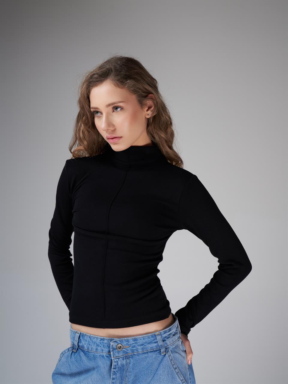 Balıkçı Yaka Çimalı Uzun Kol Ribana Bluz Siyah