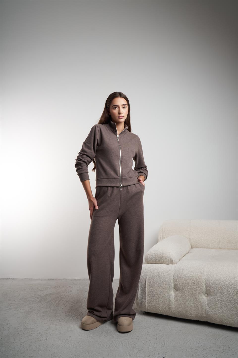 Basic Bol Paça Triko Pantolon Kahvemelanj