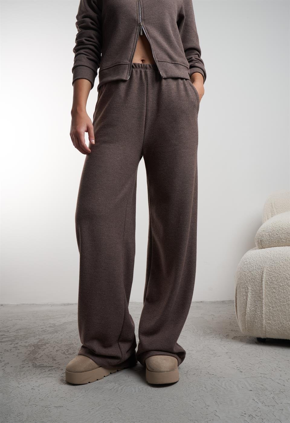 Basic Bol Paça Triko Pantolon Kahvemelanj