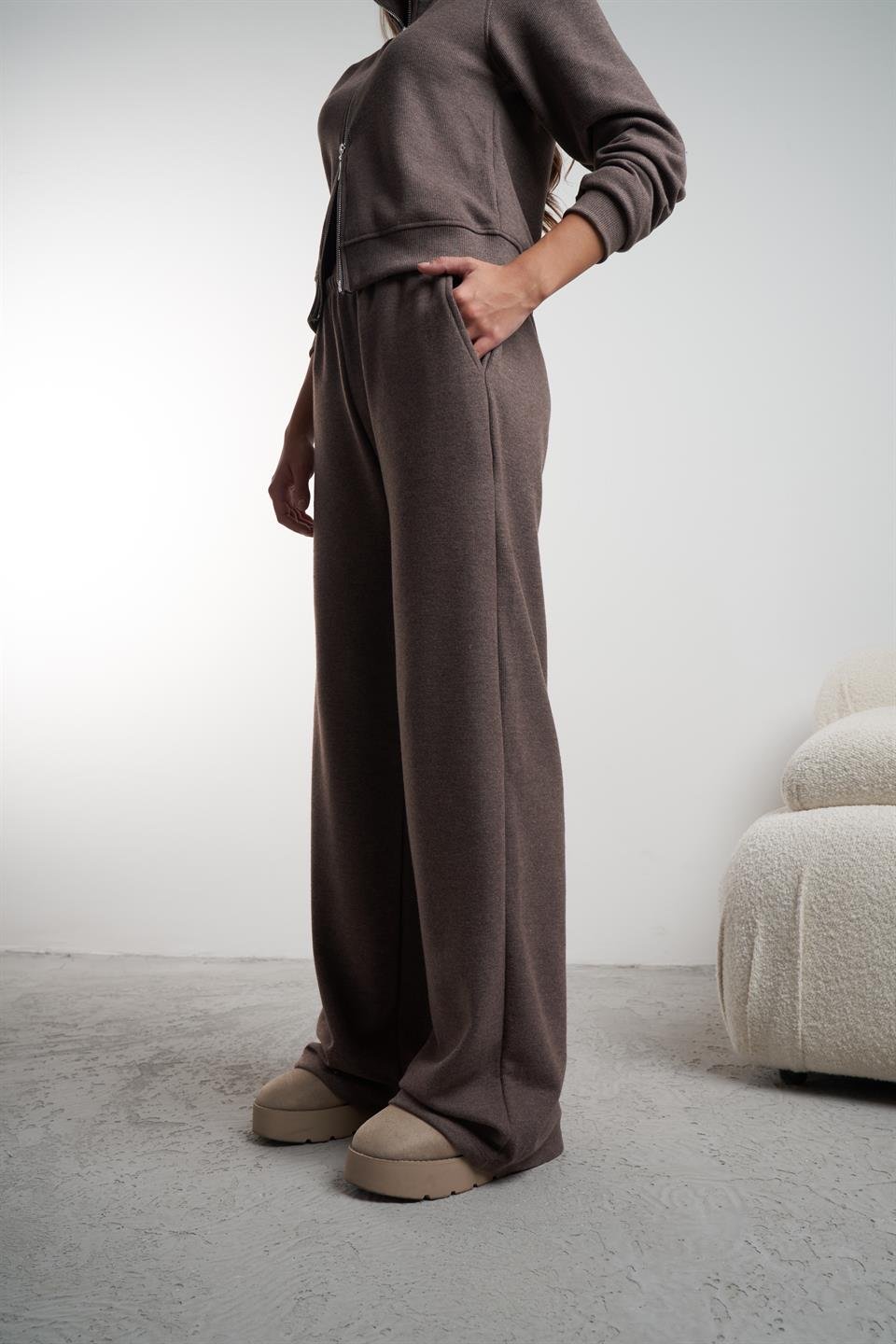 Basic Bol Paça Triko Pantolon Kahvemelanj