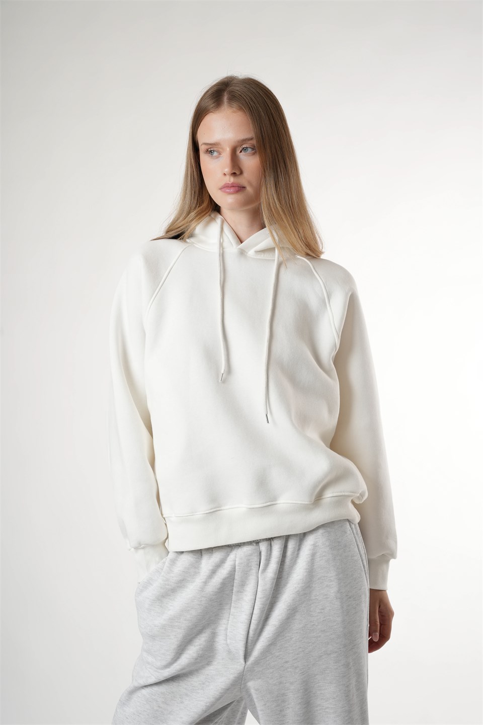 Basic Kapüşonlu Sweatshirt Ekru