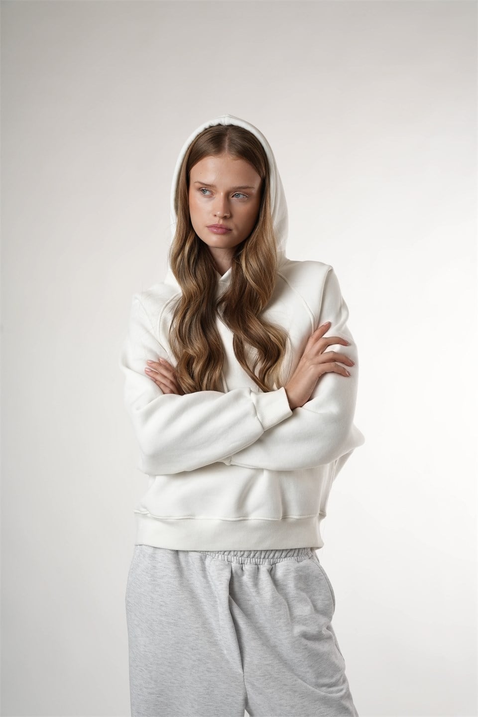 Basic Kapüşonlu Sweatshirt Ekru