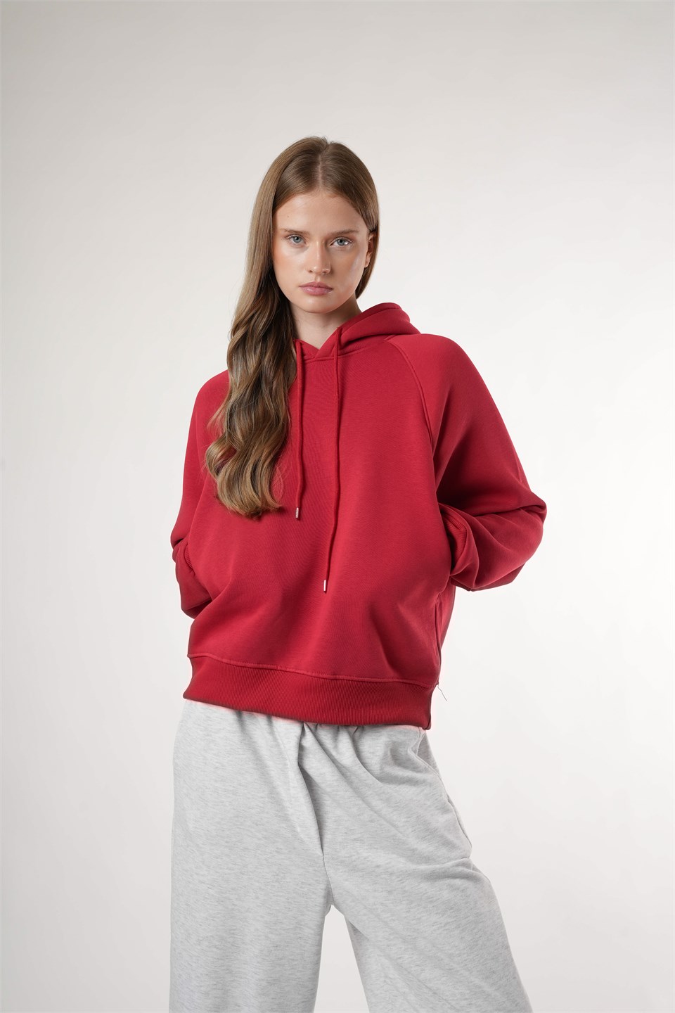 Basic Kapüşonlu Sweatshirt Kırmızı