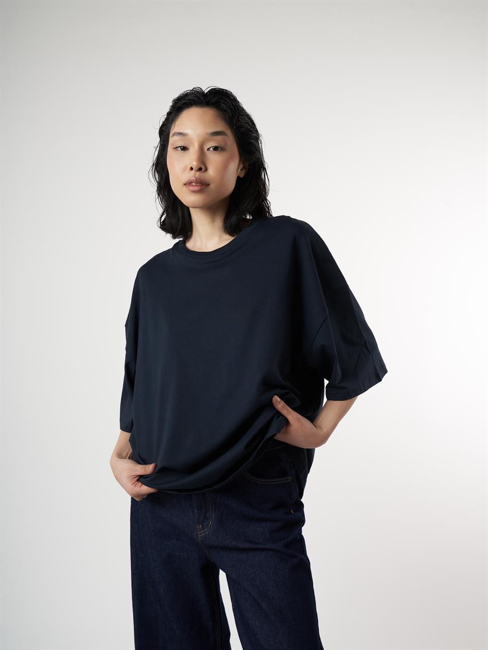 Basic Kısa Kol Oversize T-shirt Lacivert
