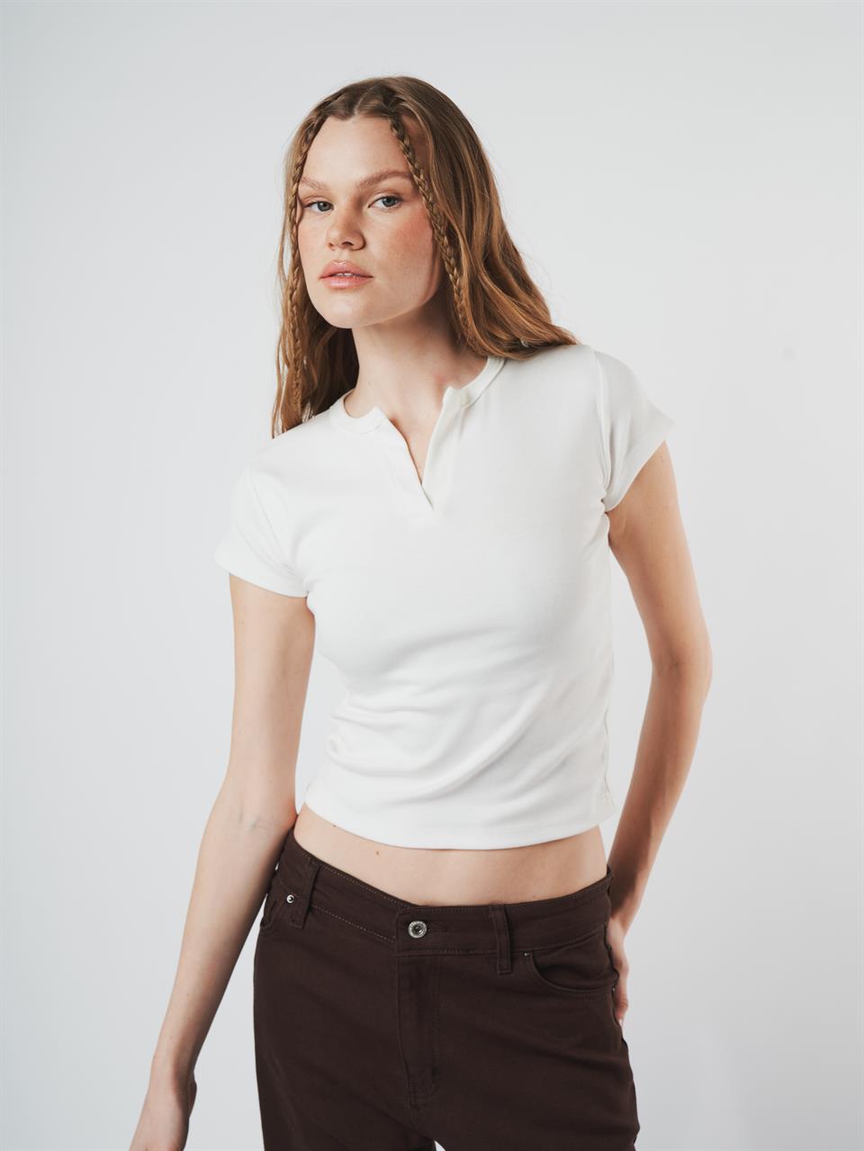 Basic Kısa Kol Ribana Bluz Ekru