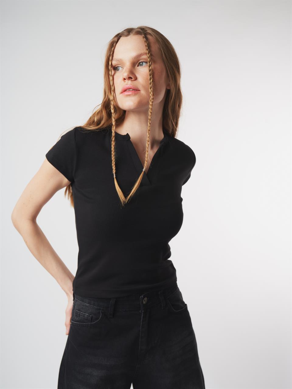 Basic Kısa Kol Ribana Bluz Siyah