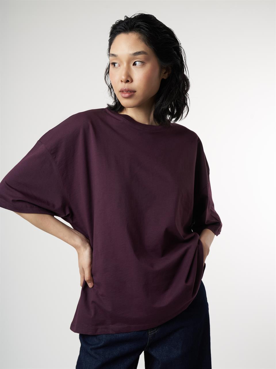 Basic Kısa Kol Oversize T-shirt Mürdüm