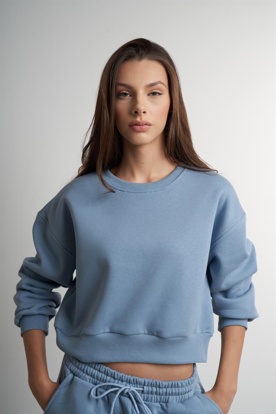 Basic Kısa Sweatshirt Prada Mavi
