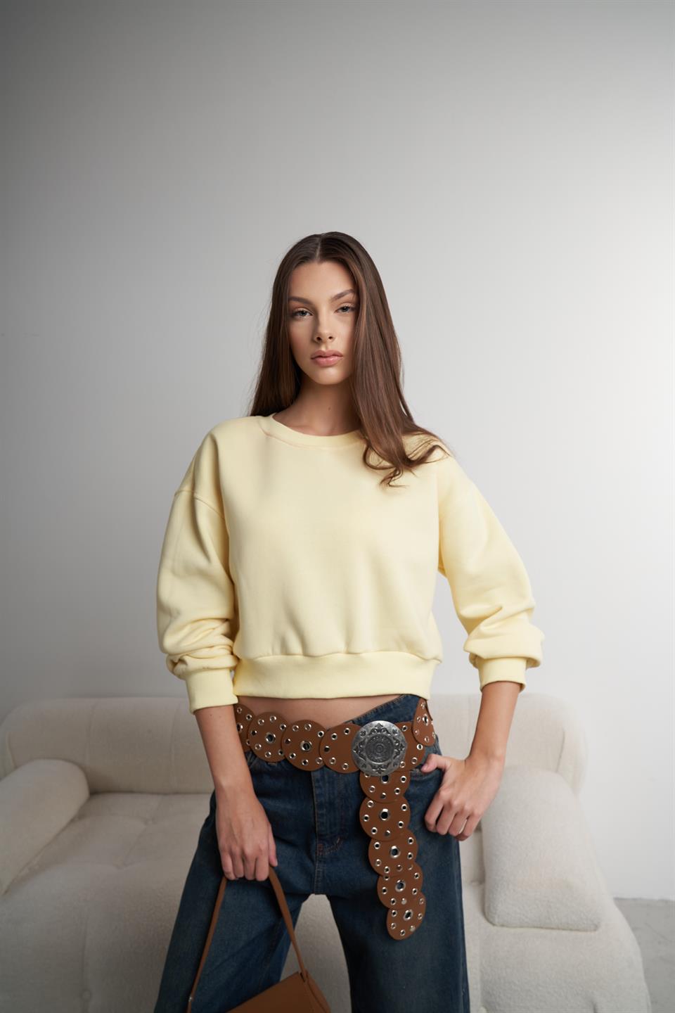 Basic Kısa Sweatshirt Sarı