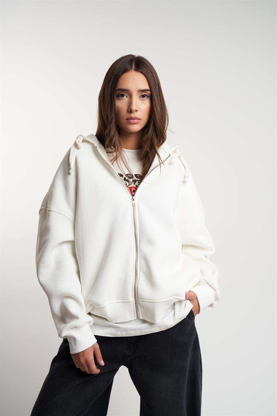 Basic Oversize Şardonlu Sweatmont Ekru