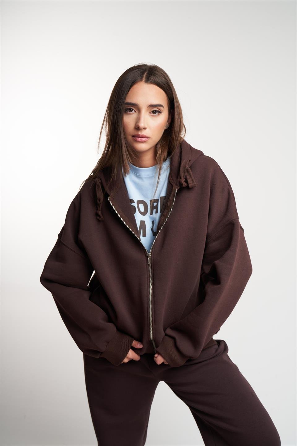 Basic Oversize Şardonlu Sweatmont Kahve