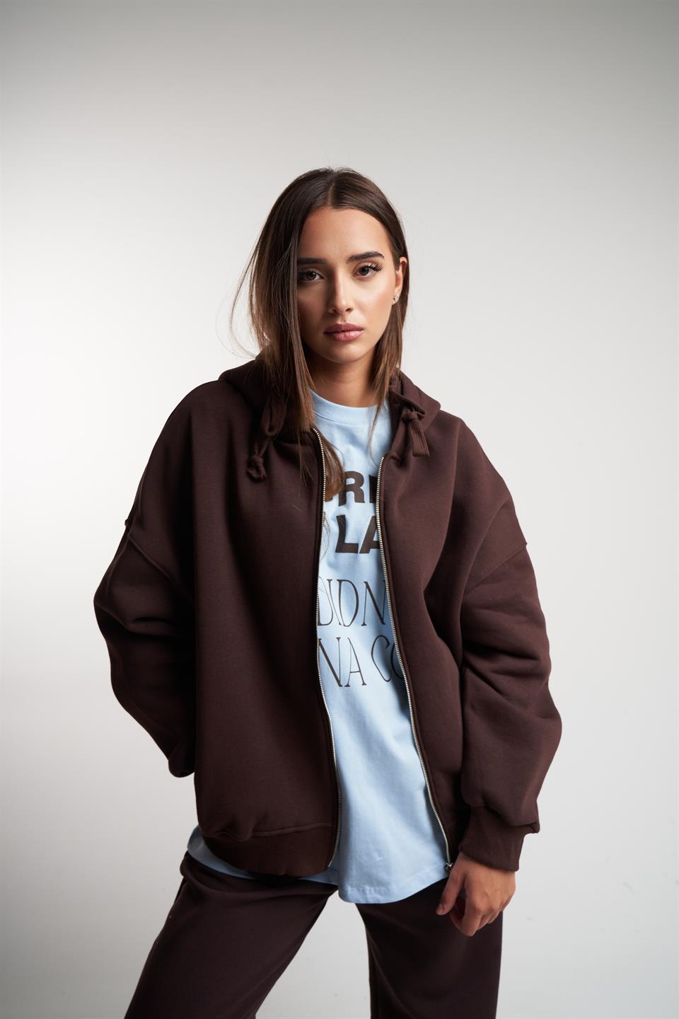 Basic Oversize Şardonlu Sweatmont Kahve