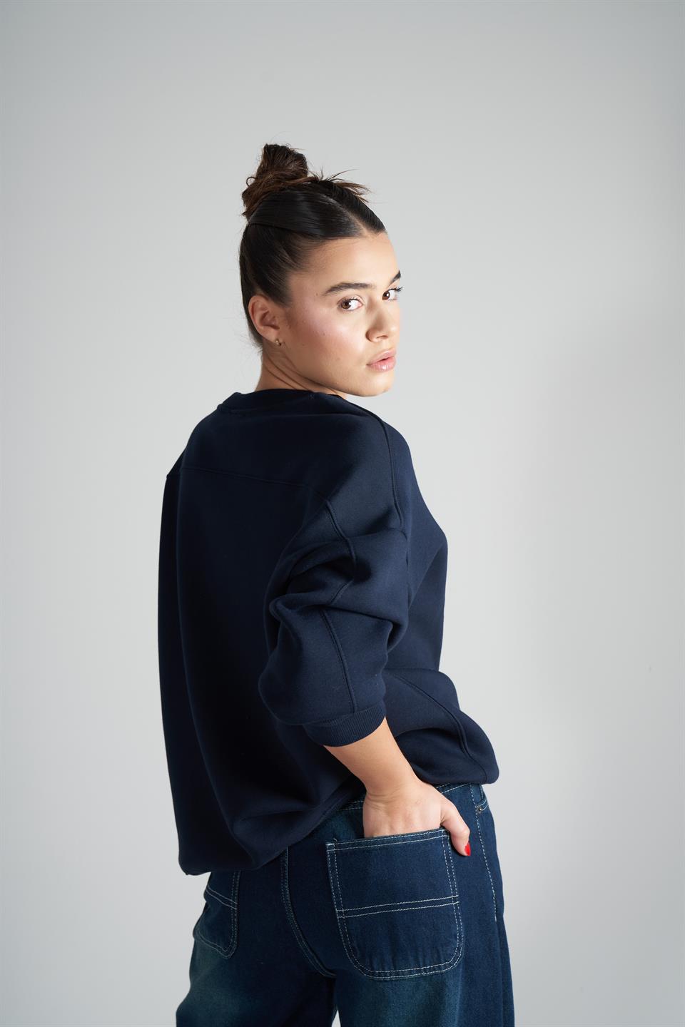 Basic Şardonlu Oversize Sweatshirt Lacivert