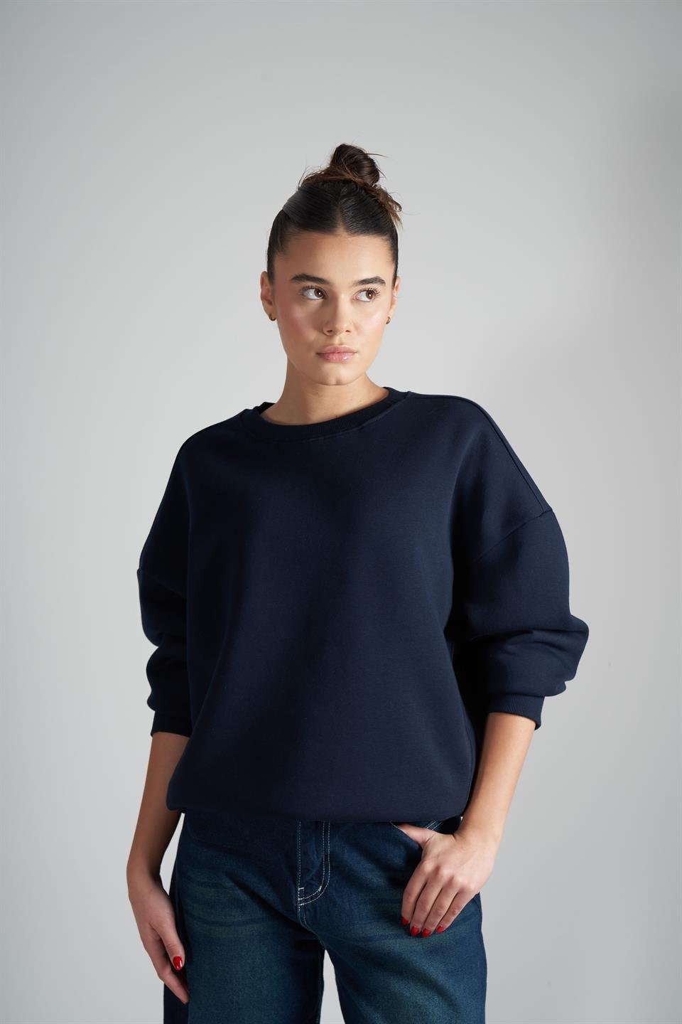 Basic Şardonlu Oversize Sweatshirt Lacivert