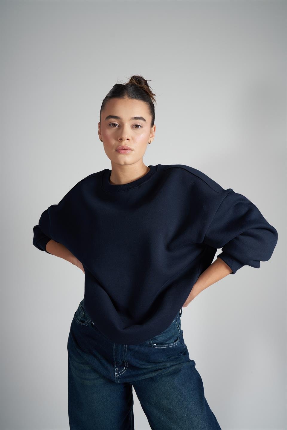 Basic Şardonlu Oversize Sweatshirt Lacivert
