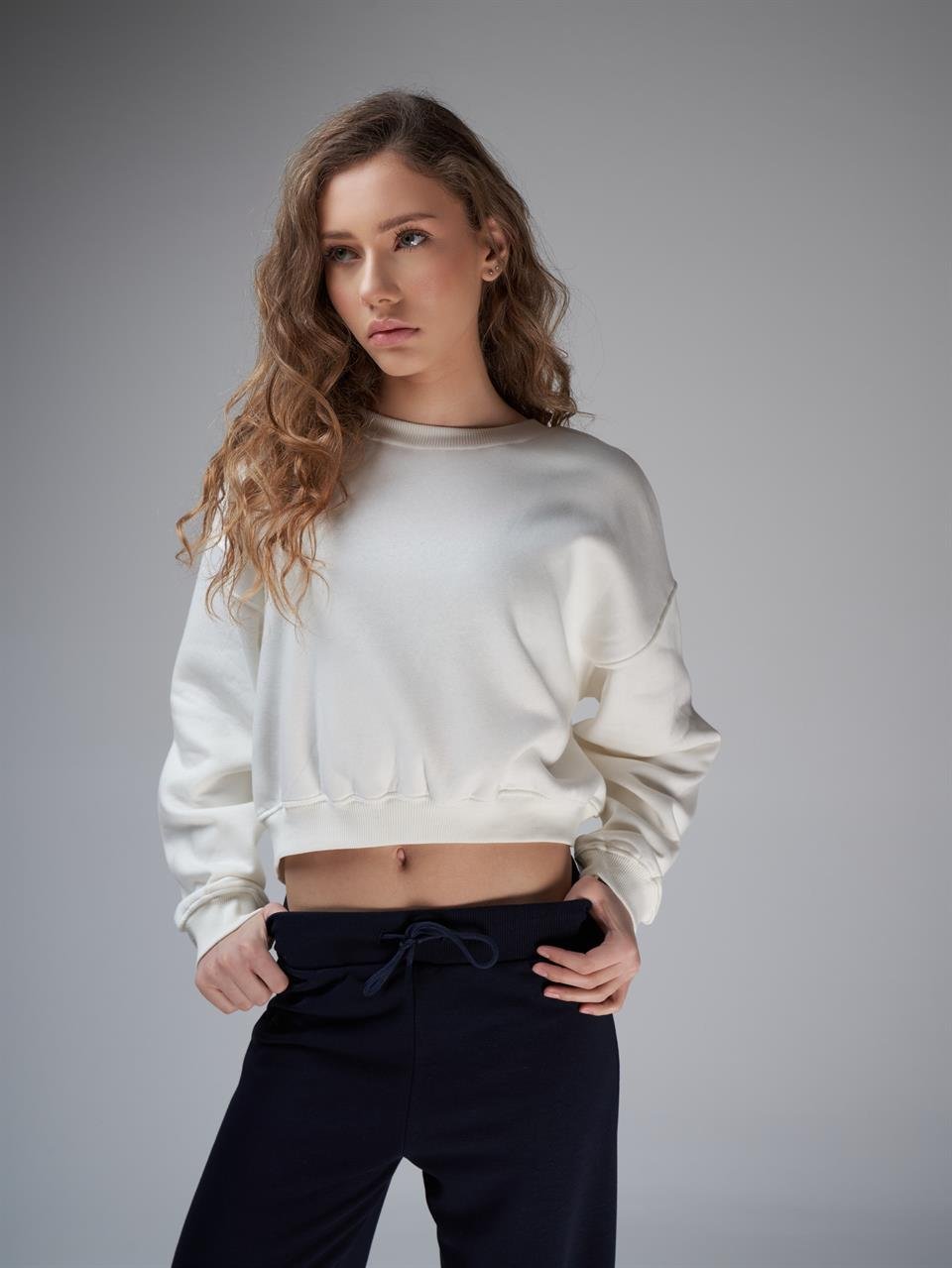 Basic Şardonlu Sweatshirt Ekru