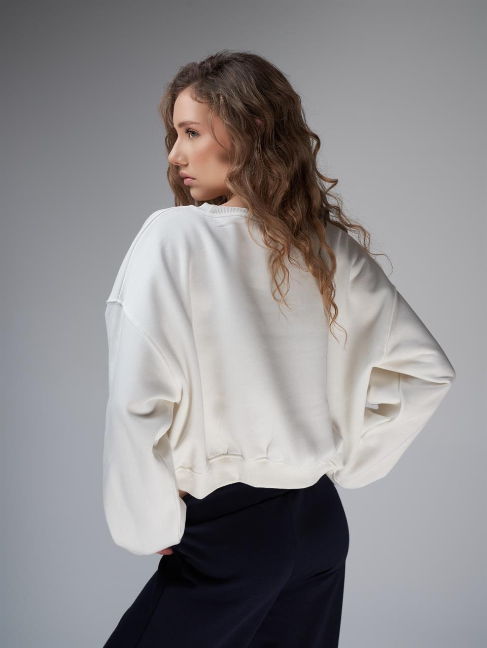 Basic Şardonlu Sweatshirt Ekru