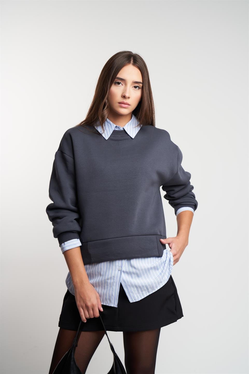 Basic Şardonlu Sweatshirt Füme