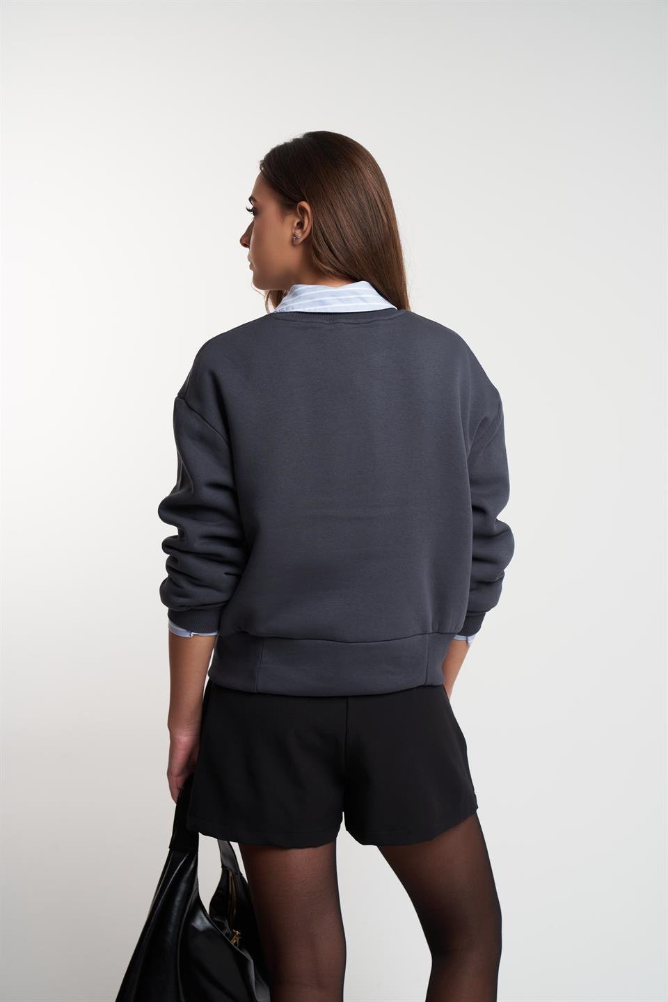 Basic Şardonlu Sweatshirt Füme