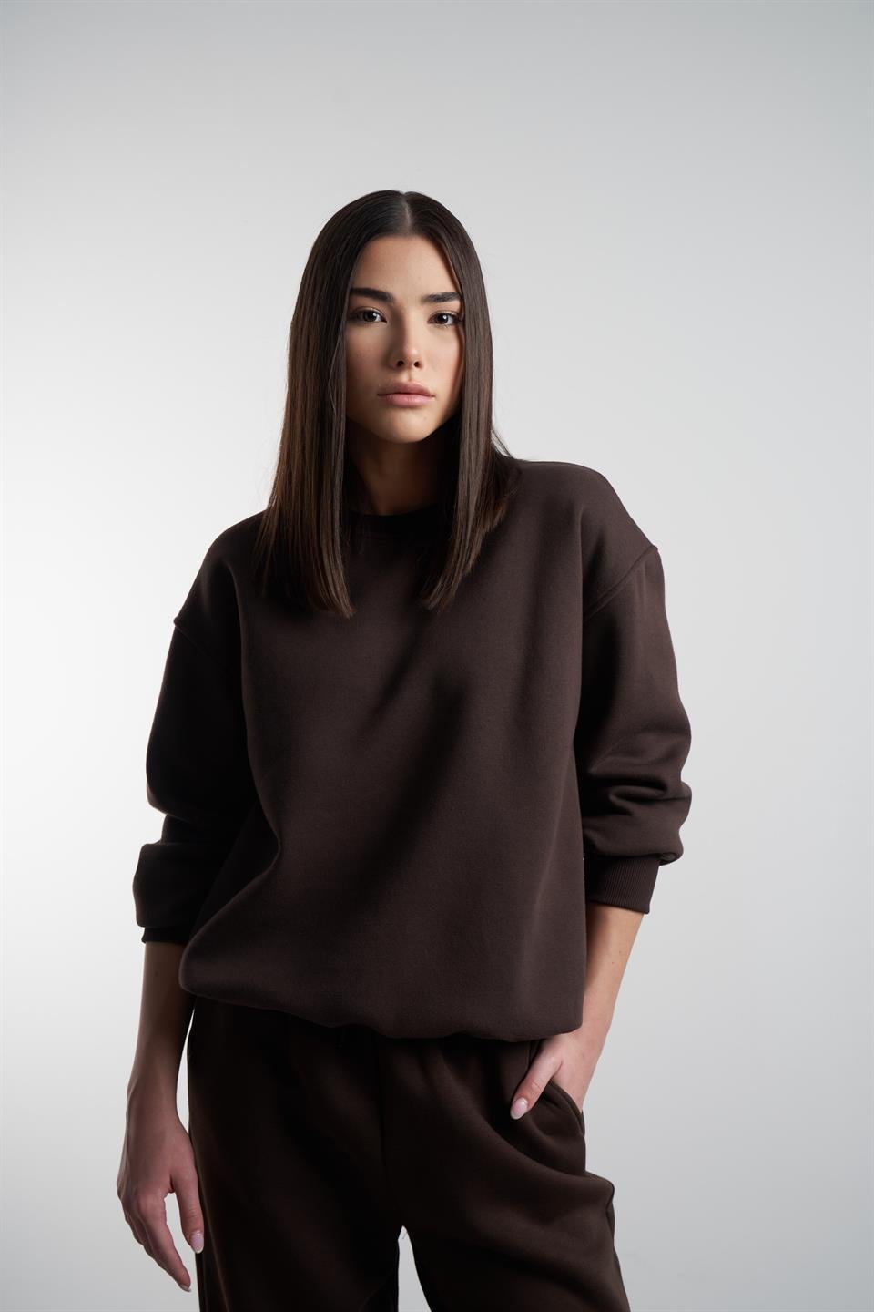Basic Şardonlu Sweatshirt Kahve