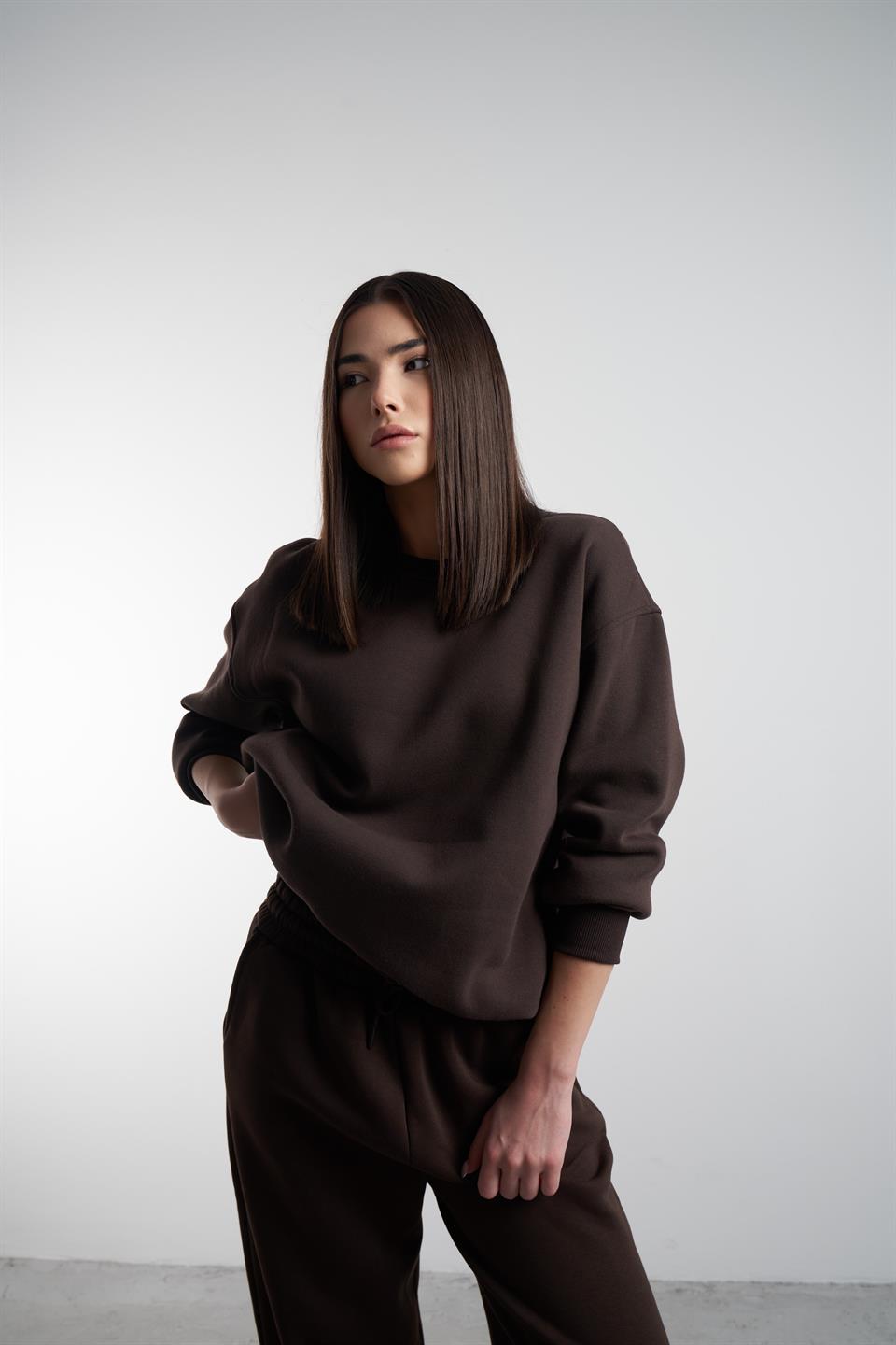 Basic Şardonlu Sweatshirt Kahve