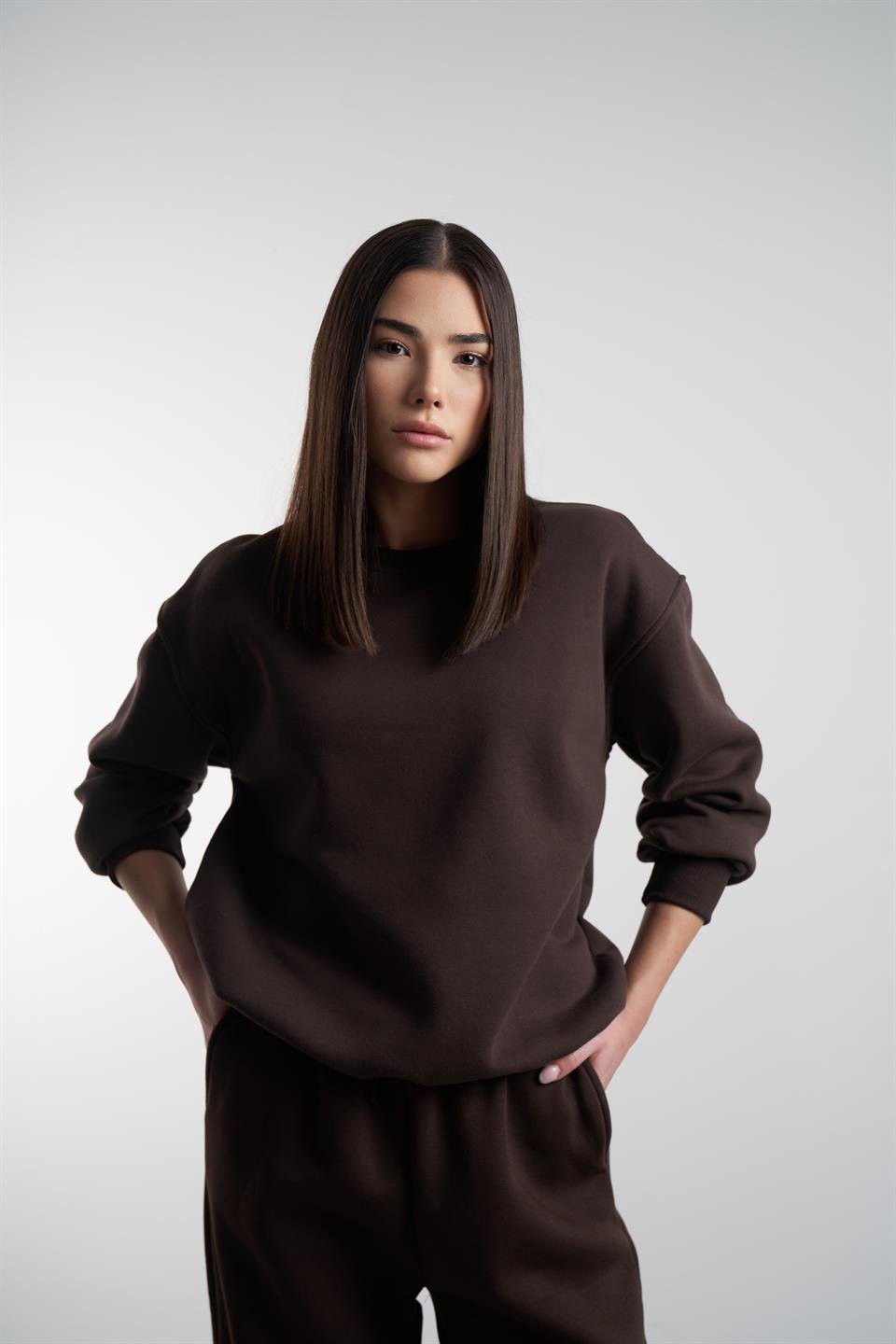 Basic Şardonlu Sweatshirt Kahve