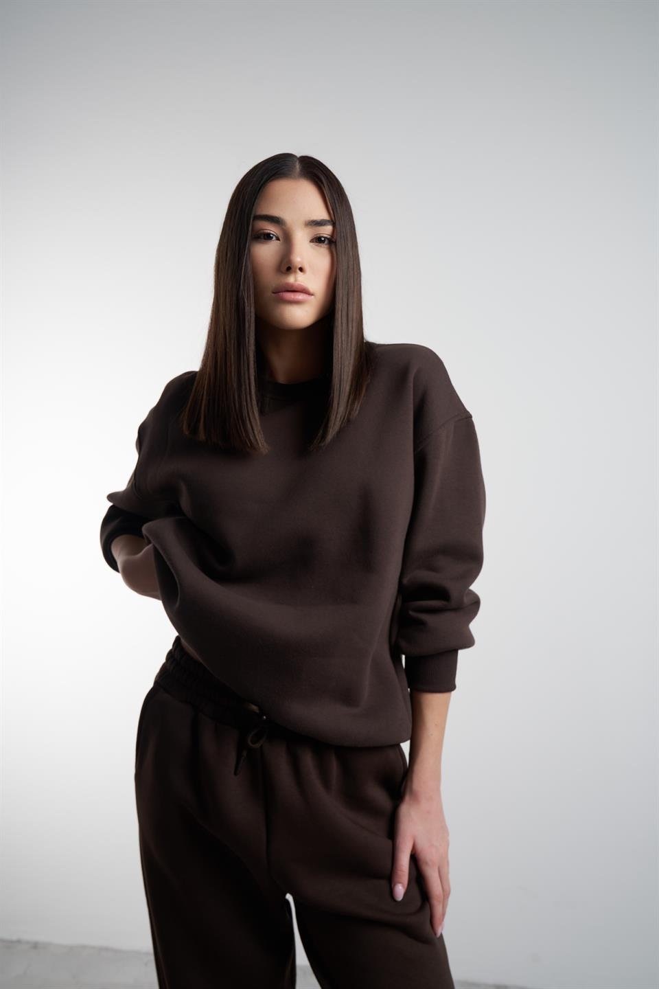 Basic Şardonlu Sweatshirt Kahve