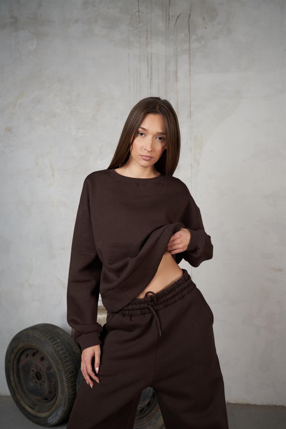 Basic Şardonlu Sweatshirt Kahve