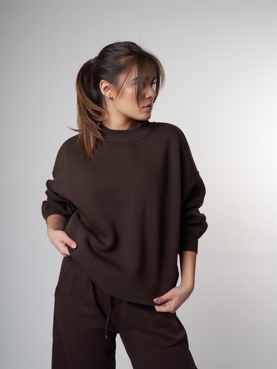 Basic Şardonlu Sweatshirt Kahve