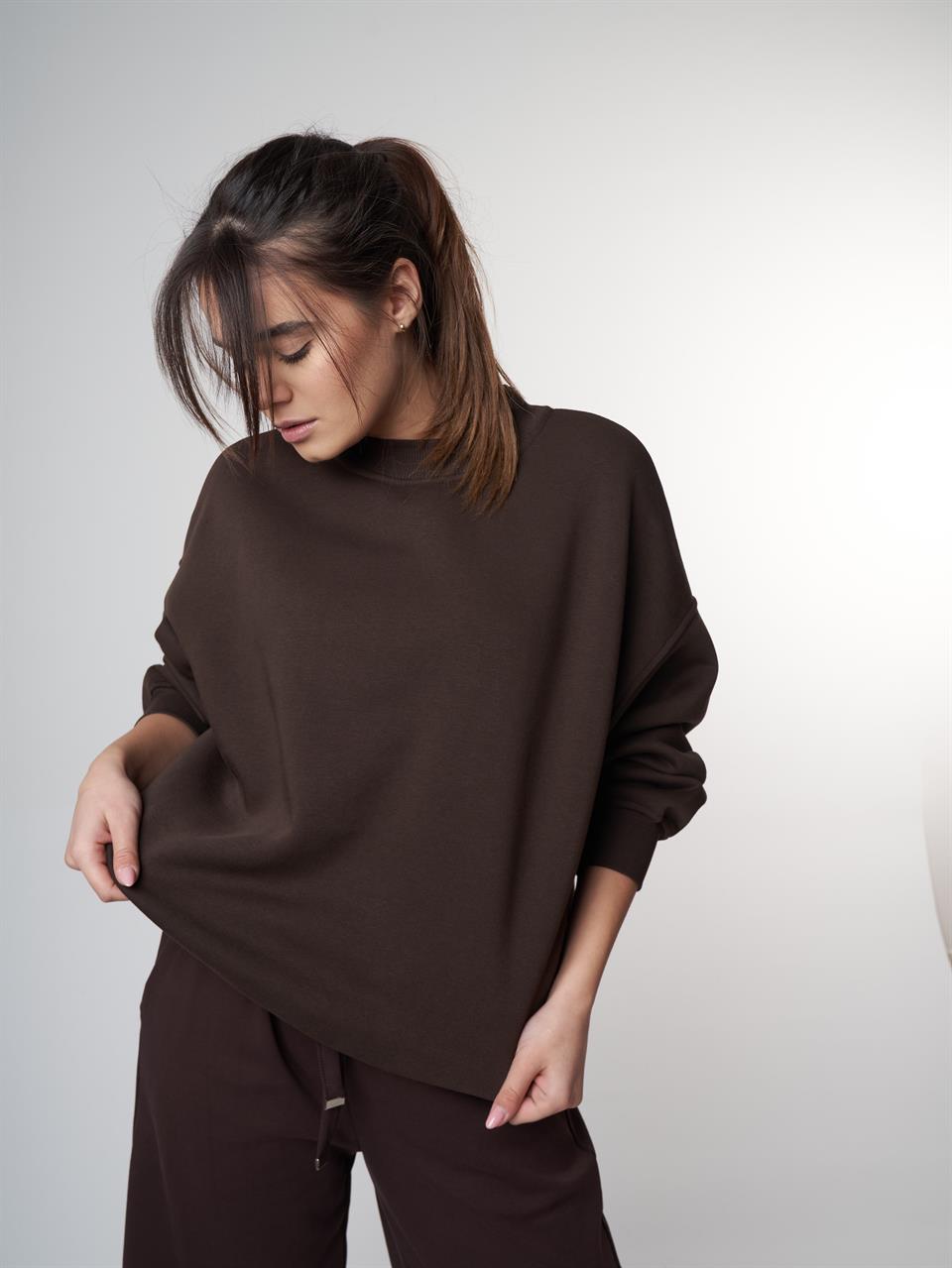 Basic Şardonlu Sweatshirt Kahve