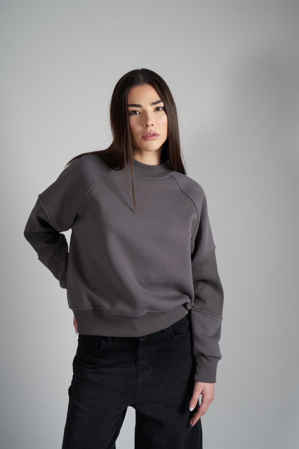 Basic Şardonlu Sweatshirt Koyu Gri