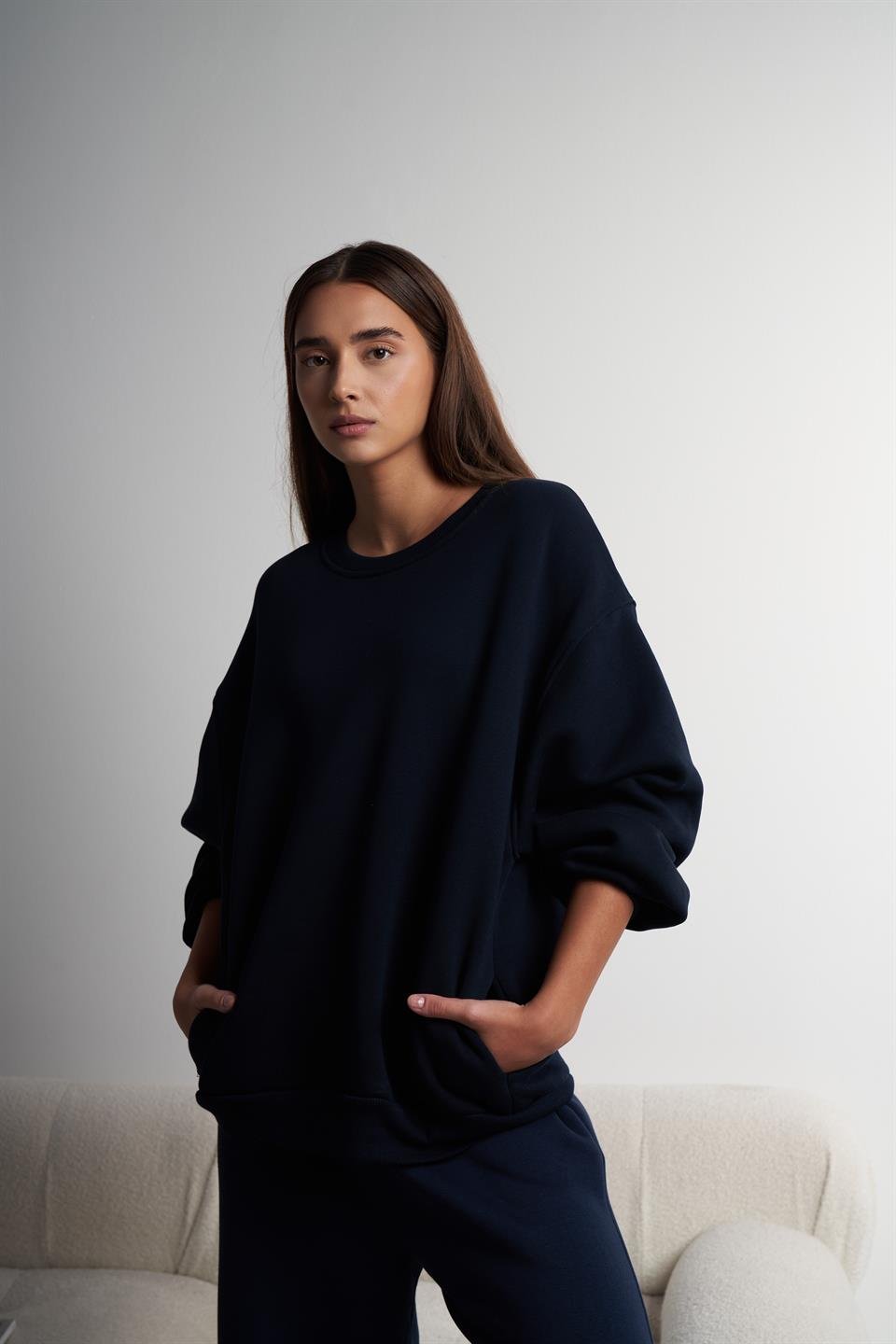 Basic Şardonlu Oversize Sweatshirt Lacivert